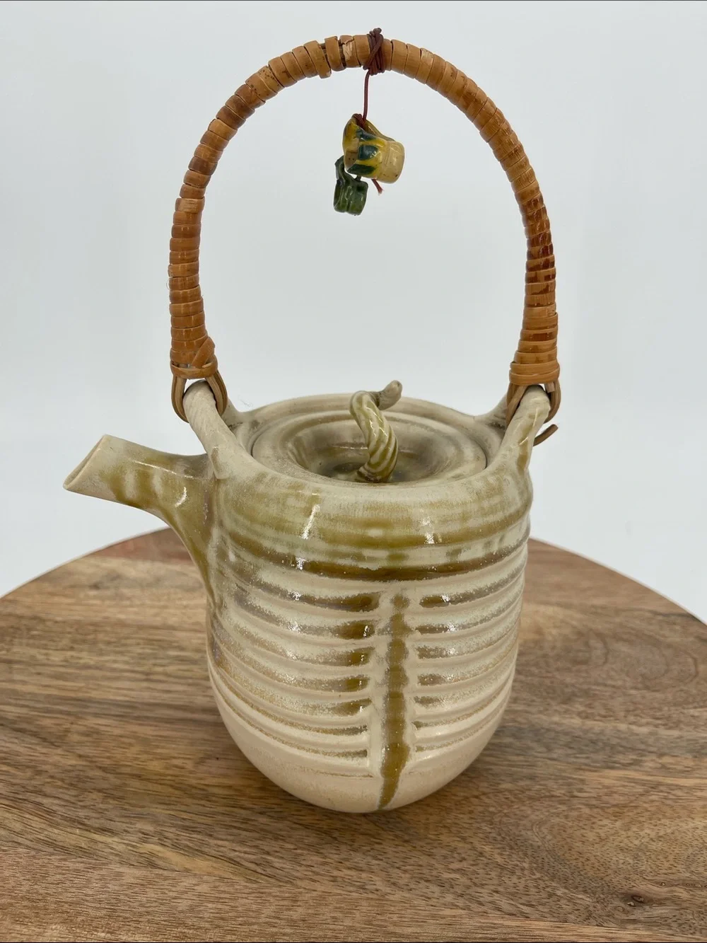 Vintage Handcrafted Japanese Ceramic Teapot with Woven Handle —Cup Charms